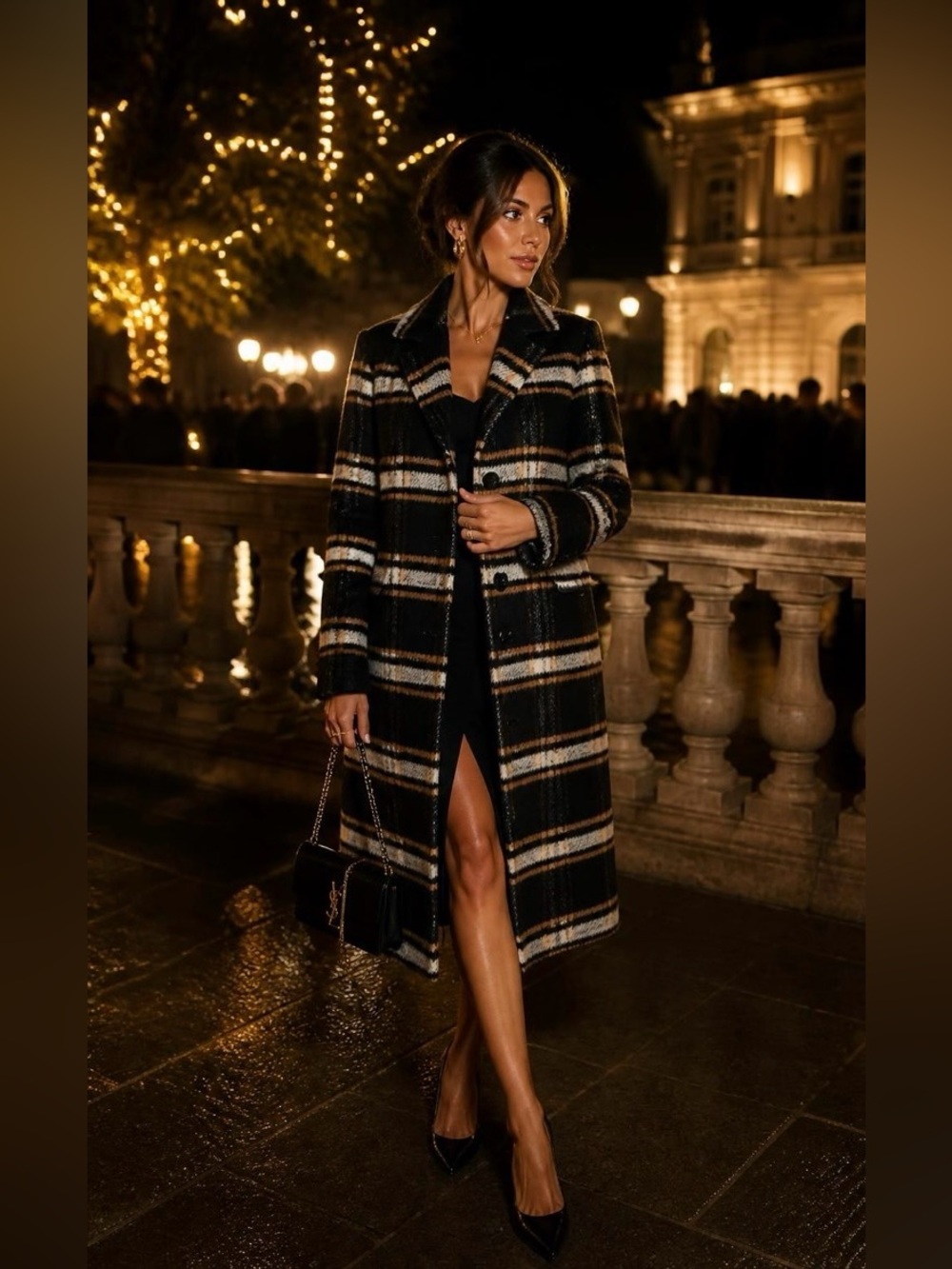 Bernardo Black, Brown & Cream Plaid Wool-Blend Coat